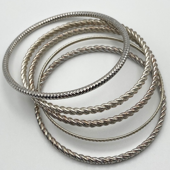 Bangle Bracelets Silver Tone Textured Boho 5 Piece Set - Picture 1 of 9